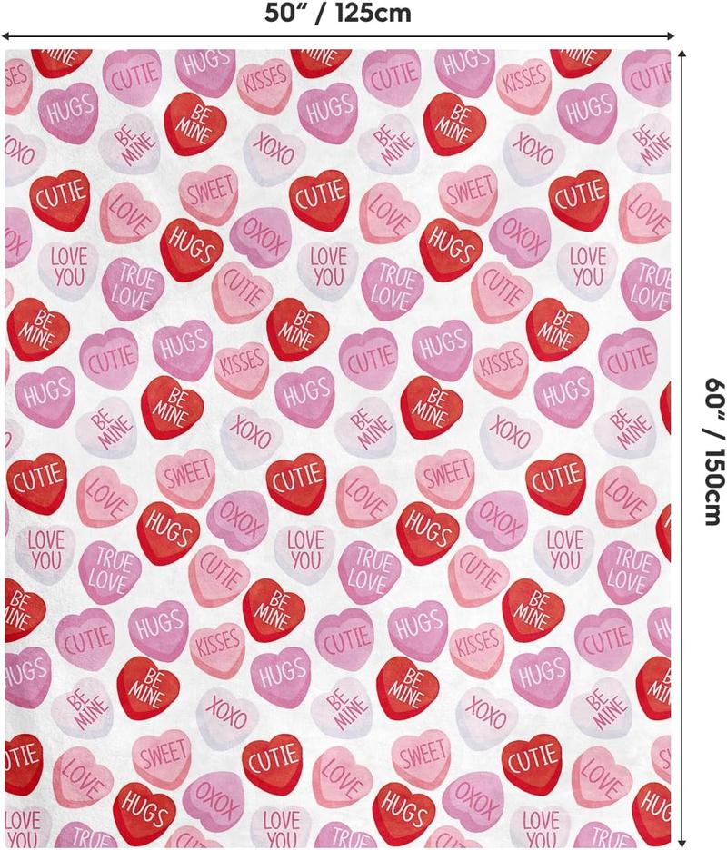 Valentine Flannel Blanket Throw, Pink Hearts with Words Soft Fuzzy Plush Cozy Fleece Blankets for Couch Sofa Bed Lounging, Ideal Gifts for Kids Adults Wife Self, 50x60