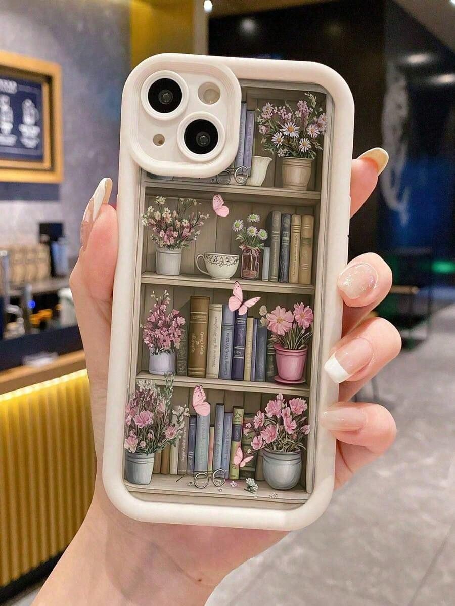 Bookshelf & Flower Pattern Painted Grooves Soft Shell Case Compatible With IPhone 16/15/XR/7P8P/P12ProMax/P13ProMax/P14ProMax/P13/P14/P11/P12/P14, XS/S/XSMAX/78, Cute & Fashionable Thick Phone Protective Cover