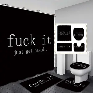 Creative 'fuck It' Letter Pattern Shower Curtain Set For Bathroom, Includes Bath Mat, Toilet Lid Cover, Elegant Bathroom Decor, 12 Hooks Included, Bathroom Decoration Accessories