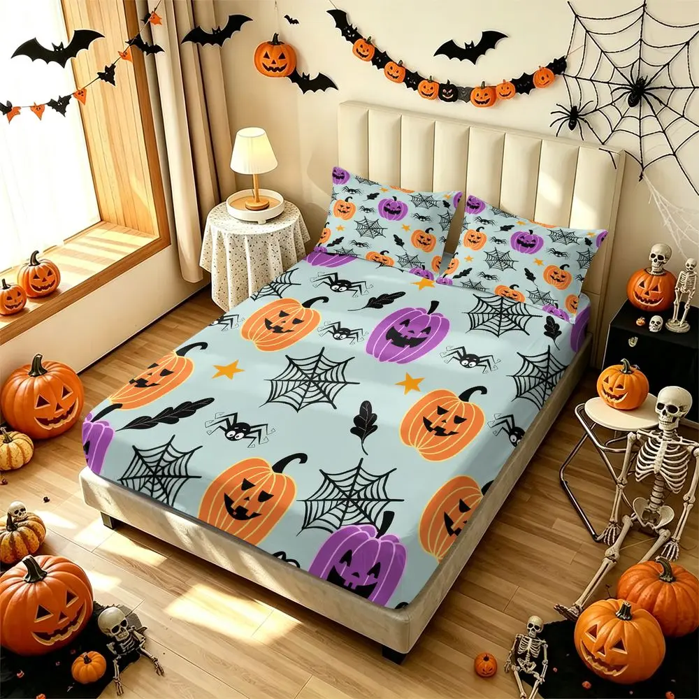 3Pcs Halloween Pumpkin Fitted Sheet Set, Spooky Spider Web Bed Sheets Set for Kids Adults, Soft Microfiber Bedding Set, Holiday Bedroom Decor, Queen King Size No Fillers
