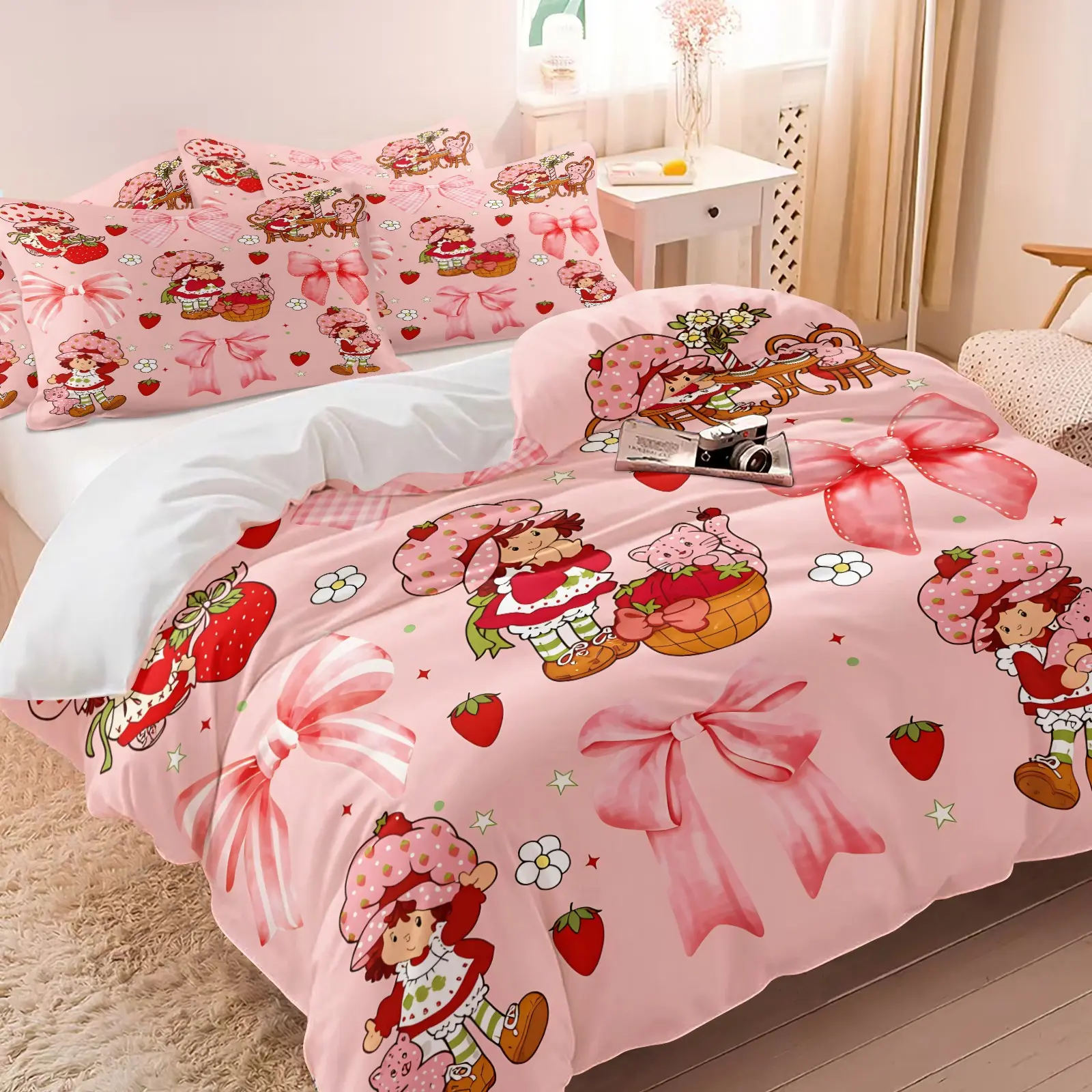Cute Sweet Strawberry Cake Girls & Bow Duvet Cover Set & 1-2 Coreless Pillowcases, Super Soft Microfiber Bedding Set, Cute Sweet Fruit Prints, Suitable For Kids Girls Bedroom And Dorm, Sweet Pastoral All Seasons Home Decor