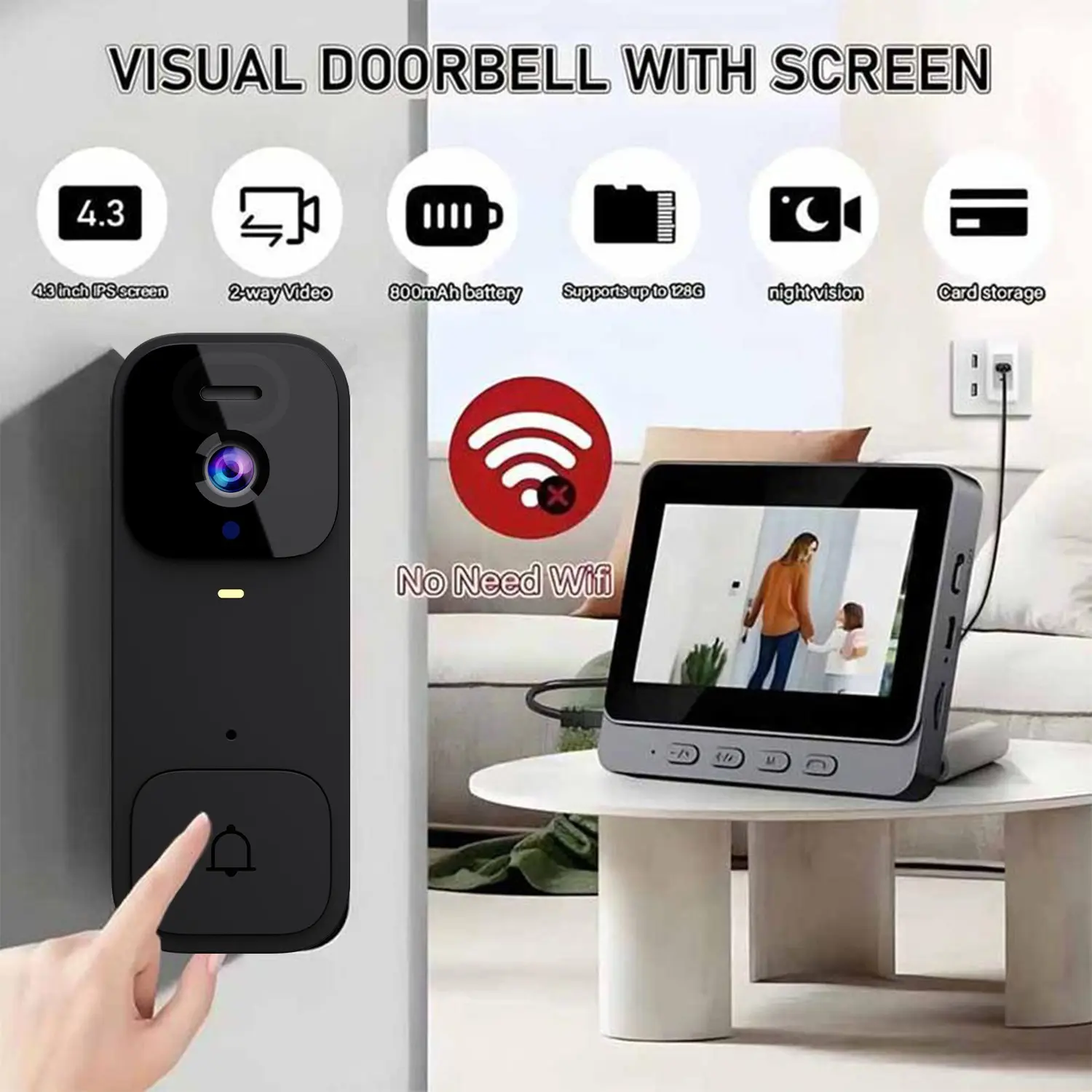 X7 Smart Video Doorbell, 4.3 Inch Color Screen, HD Video Intercom, Visual Intercom, Long Battery Life, No Internet Needed, Two-Way Audio, Home Use