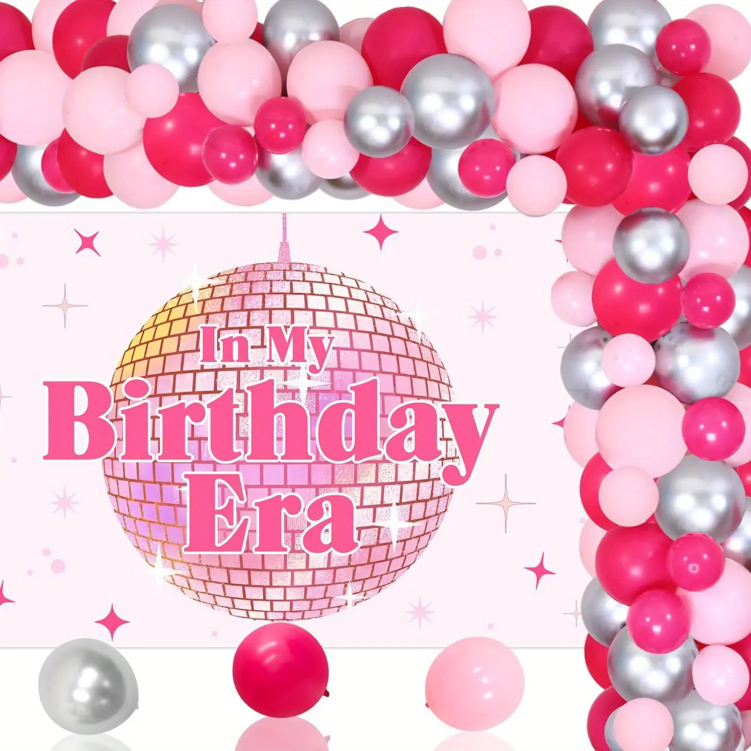 1Set In My Birthday Era Party Decorations Pink Disco Ball Birthday Party Decor Balloon Garland Arch Kit Star Disco Ball Backdrop for Girl Women Music Themed 21anniversary Birthday Party Decor Supplies