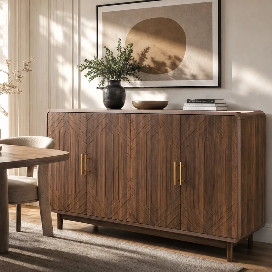 Artsy Wood Arch Sideboard Buffet Cabinet Furniture - 4-Carved Doors Traditional Walnut Particle Board Cabinet with Adjustable Shelf, Antitip Device, Artsy Look, Simple Setup, Single Box, Living Room Storage, 55.12" L x 15.75" W x 33.40" H, Sturdy
