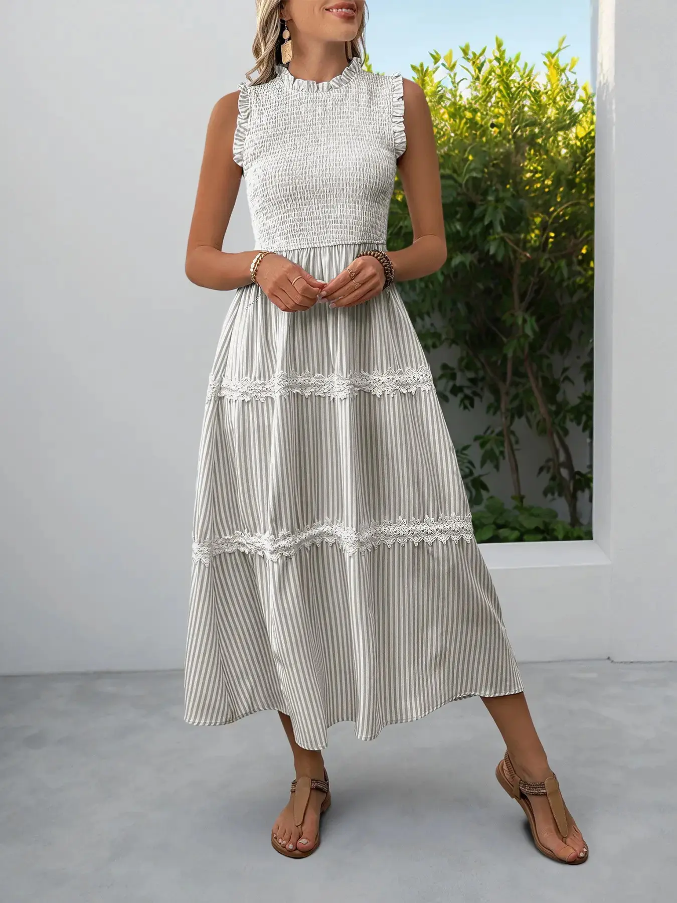 Women's French Resort Striped Dress, Summer Casual Ruffled Mock Neck with Smocked Bodice and Lace Patchwork, Textured, Flattering, Aesthetic, Chic, Outdoor, Everyday, Ruffles, Daily