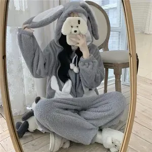 Bunny Hooded Onesies Women Kigurumi Pajamas Cute Pijama Winter Warm Sleepwear Kawaii Female Nightwear Pyjamas Jumpsuit