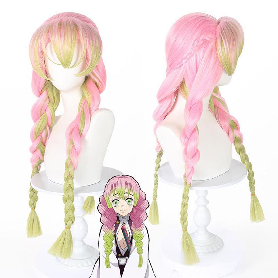 Anime Mitsuri Kanroji Cosplay Synthetic Wig Long Pink Green Braid Heat Resistant Hair Authentic Cosplay Wigs