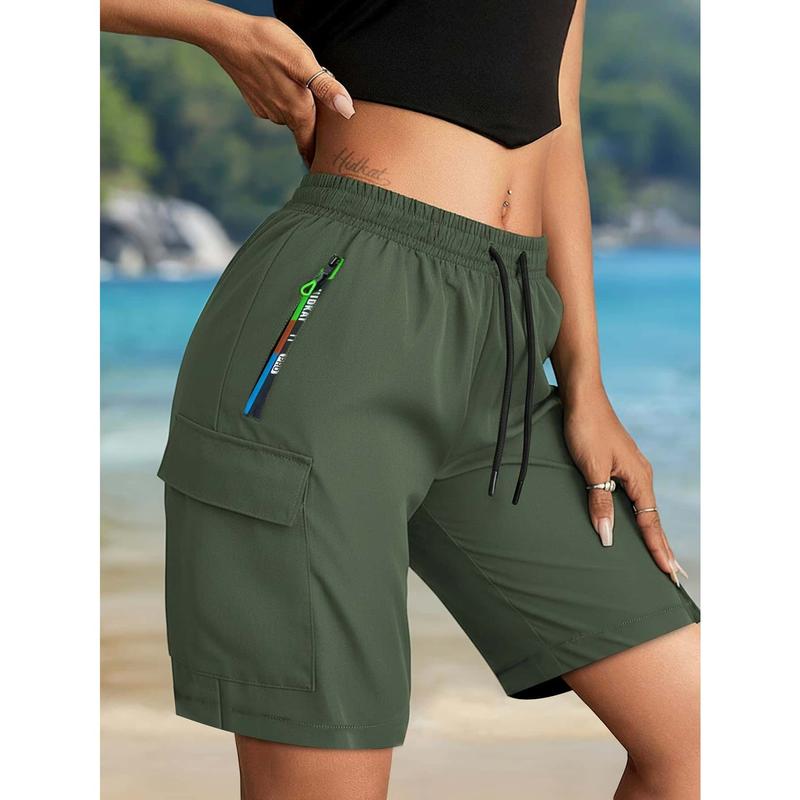 Women's Trending Olive Green Cargo Shorts - Lightweight Quick-Dry Ripstop Fabric | Functional Pockets (Including Zippered Security Pockets) | Adjustable Drawstring Waist | Hiking/Travel/Casual Wear Activewear Athletic