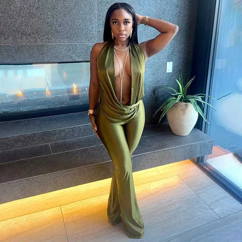 Women Sexy Cutout Fake Two Piece Jumpsuit Halter Cowl Neck Open Back Long Pants Matching One Piece Outfit Stretchy Figure Hugging Clubwear Y2K Hot Girl Streetwear Slim Bodycon Romper Night Party Fashion Playsuit For Ladies Nightclub Evening Outfit