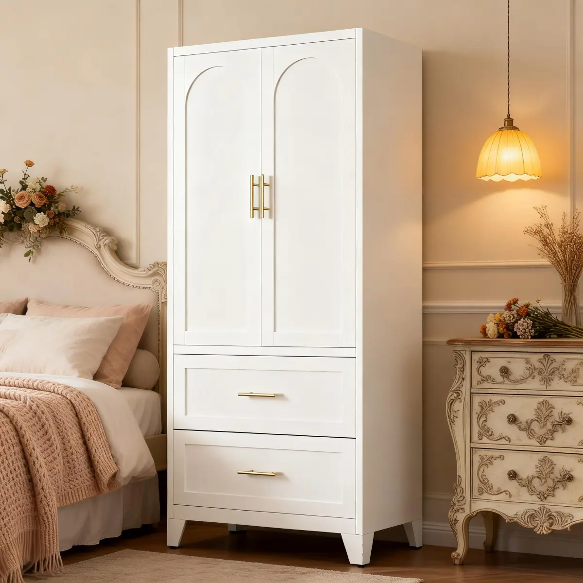 60"/71" Tall Metal Wardrobe Cabinet with 2 Drawers and Hanging Rod, 2 Doors Wardrobe Closet with Shelf for Bedroom, Office, Laundry Room,Entryway ,Foyer,Guesthouse (White/Black)
