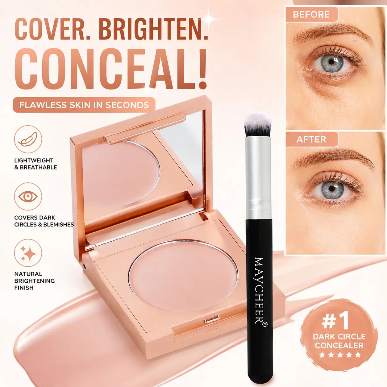 3g/0.1oz Bright Concealer Pen with Brush, Waterproof Sweatproof, Covers Dark Circles and Acne Marks, Easy for Beginners, Natural Shine Finish