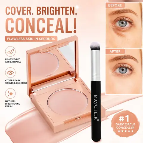 3g/0.1oz Bright Concealer with Brush, Waterproof Sweatproof, Covers Dark Circles and Blemishes, Easy for Beginners, Natural Shine Finish-1pc