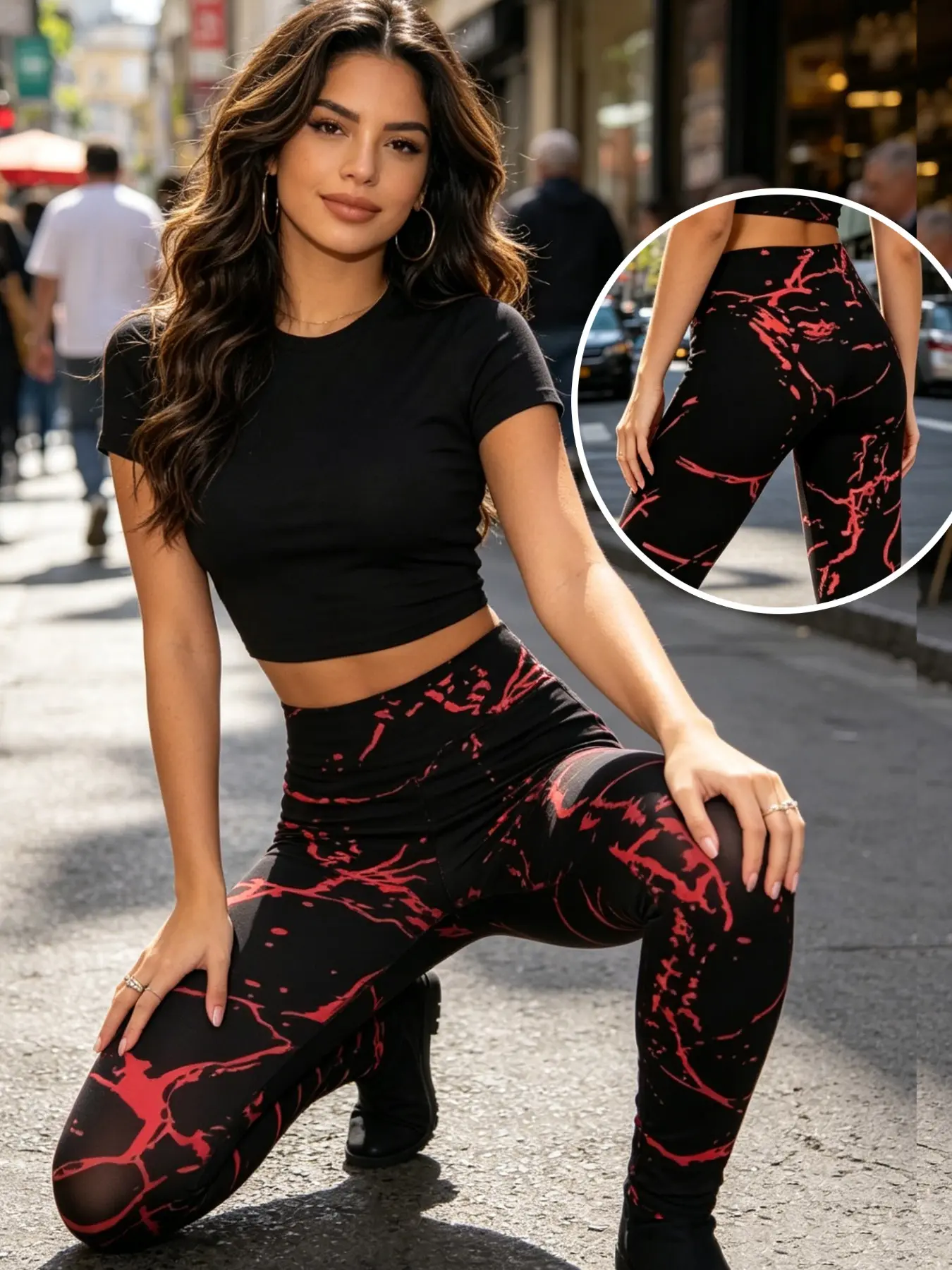 Women’s ultra-modern, fashionable red asymmetrical print black sports trousers; cool, loose-fitting and comfortable summer leggings for sports, yoga and fitness; adult houndstooth check with a British style