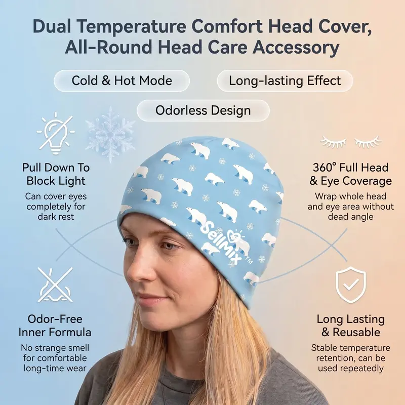 SellMix 1pc Blue Snowflake Bear Printed Refreshing Full Head Wrap, Fashion Cool Touch Head Cap, Soft Elastic Cooling Head Cover for All Day Comfort Relaxation, Unisex Design Suitable for Multiple Daily Scenarios, Ideal Accessory for Home, Office, Travel