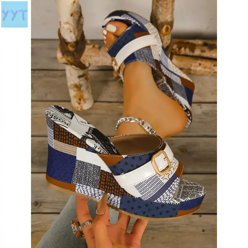 Women's 2026 Vintage Print Colorblock Wedge Sandals - Casual Outings, Ethnic Flair Thick Sole, Metal Buckle Waterproof Platform, Stylish Sports & Outdoor Shoes