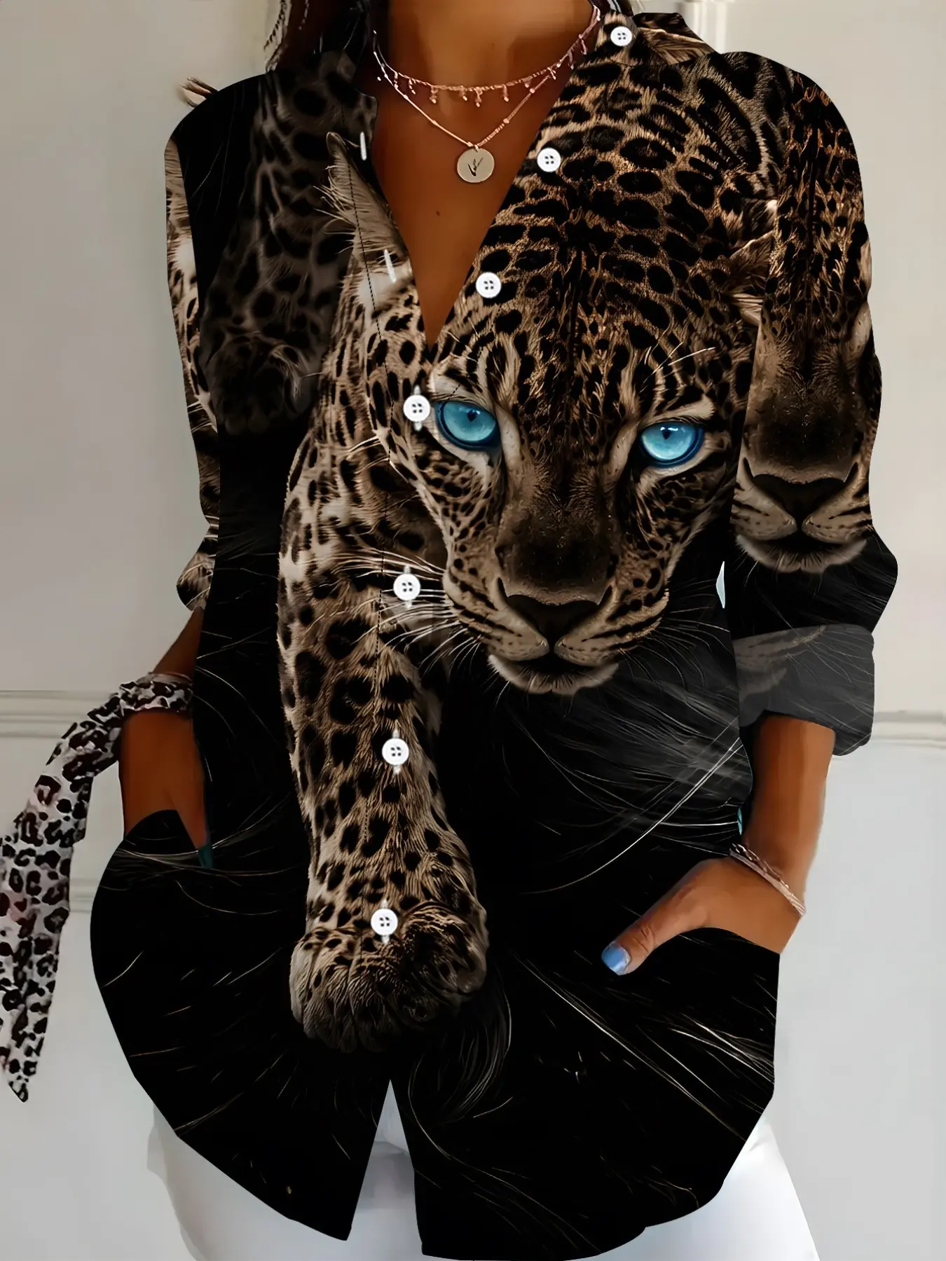 2026 New Women's Leopard Print Casual Blouse, Retro Colorblock Loose Fit Slimming Commuter Long Sleeve Cardigan Top