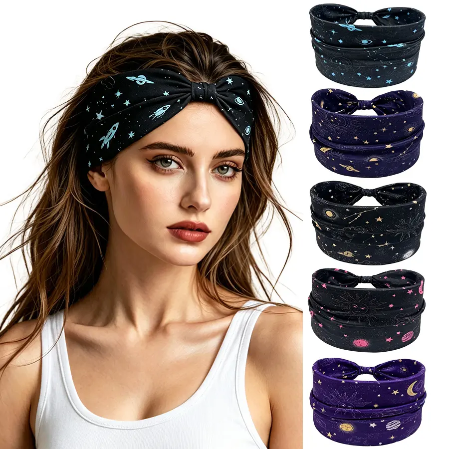 Unisex Cute Galaxy Star Knotted Wideband Headbands, 4pcs/pack Random Assortment - Soft Wide Turbans for Yoga, Skincare Routine, Beach, Casual Wear, One Size
