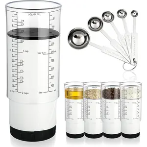 6 Pcs Adjustable Measuring Cups Set Includes 2 Cup Push up Measuring Cup and 5 Measurings Spoon for Peanut Butter 4 in 1 Liquid Dry Semi Solid Ingredient Home Cooking Tool