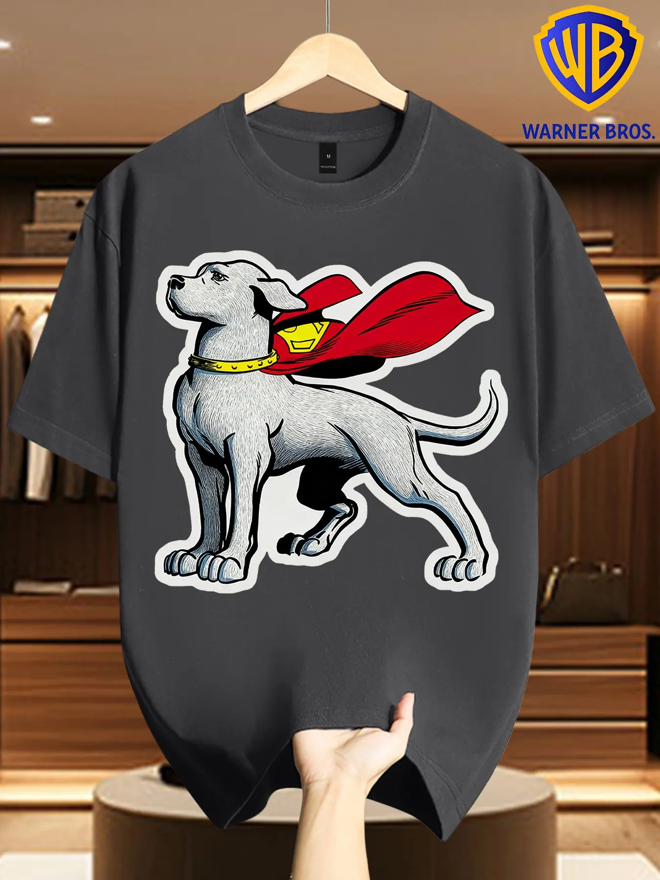 Warner Bros Men's Retro Comic Style Superman Dog Print T-Shirt, Loose-Fit Long Sleeve Casual Top, All over Print Superhero Apparel