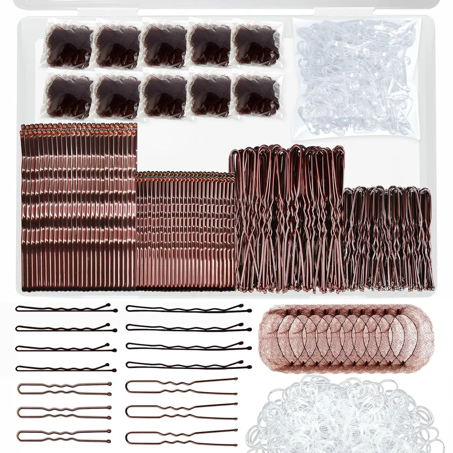 510 count Brown Bobby Pins Hair Pins Kit with Hair Net,  Includes 100 Bobby Pins for Women, 100 U-Shaped Buns Hair Clips, 300 Hair Bands and 10 Brown Hair Nets, Dance competition  haves