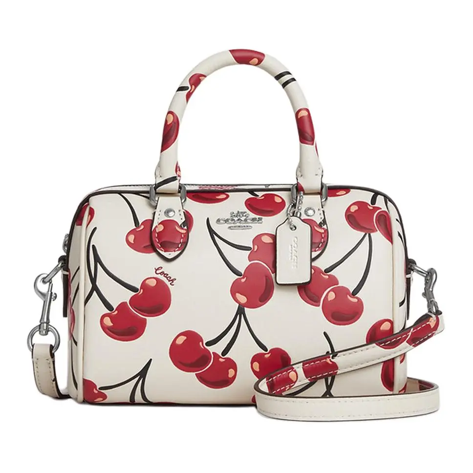 COACH Cherry Print Zip-Top Leather Crossbody Bag for Women, Small Size, White and Red