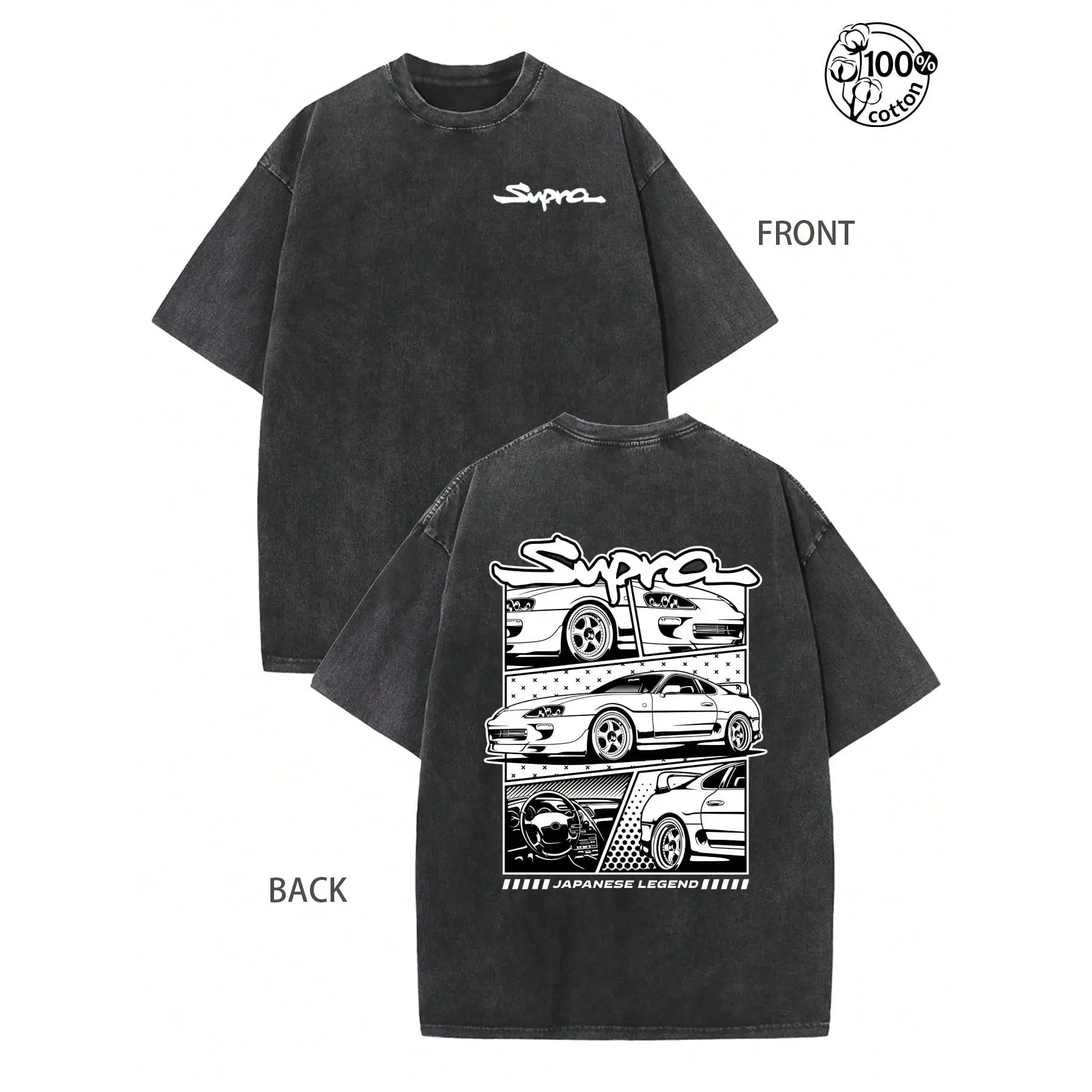 Oversized JDM Car Graphic Print T-Shirt, Vintage Washed Cotton Tee with Short Sleeves, Baggy Unisex Streetwear, Birthday Gift for Enthusiasts