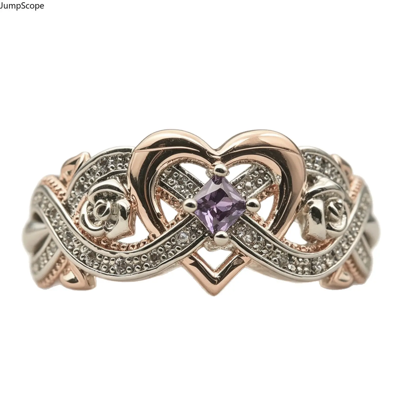 2-Tone Rose Gold-Silver Heart Rose Infinity Ring for Women - Princess Cut Purple Amethyst CZ Full Pave Zircon Wide Romantic Statement Band for Valentine Proposal, Anniversary