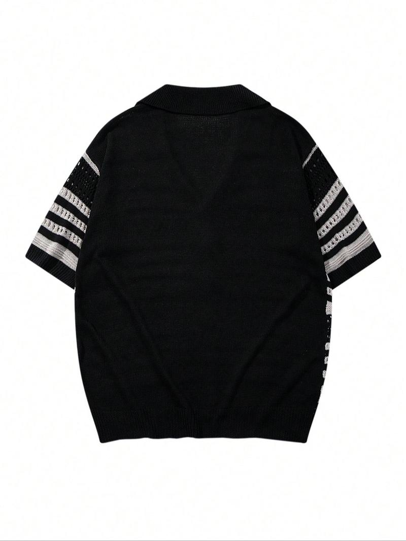 Men's Striped Print Short Sleeve Cardigan, Loose Casual Open Front Knitwear for Spring & Summer, Fashion Men's Knit Clothing for Daily Wear, Tops