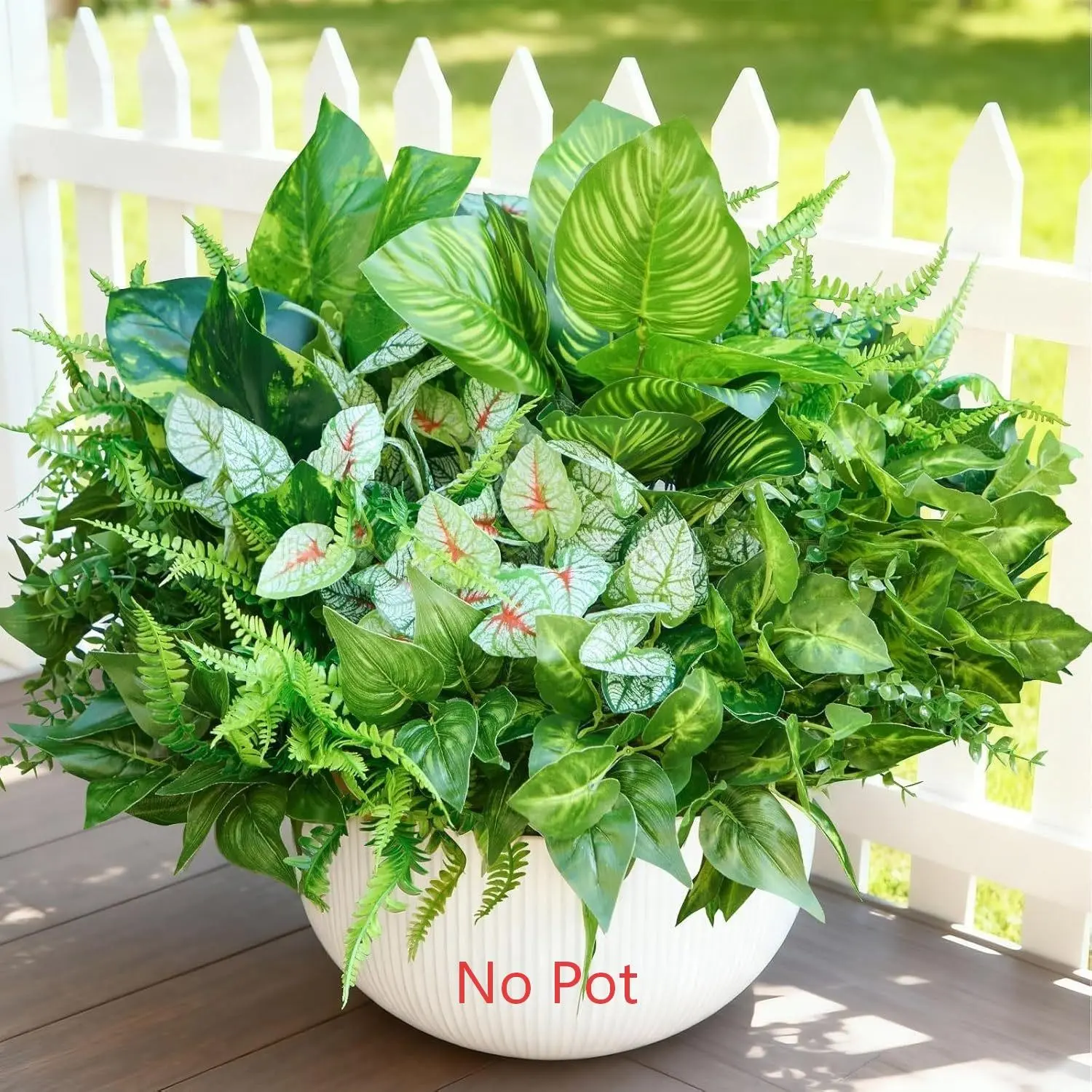 12Pcs UV Resistant Artificial Greenery Stems, Mixed Faux Fern Caladium Ivy Leaf Sprigs, No Pot Included, Weatherproof Foliage Picks Evergreen Faux Plants for Patio Window Basket Farmhouse Garden Porch Front Door Decor, Artificial Ferns for Outdoors