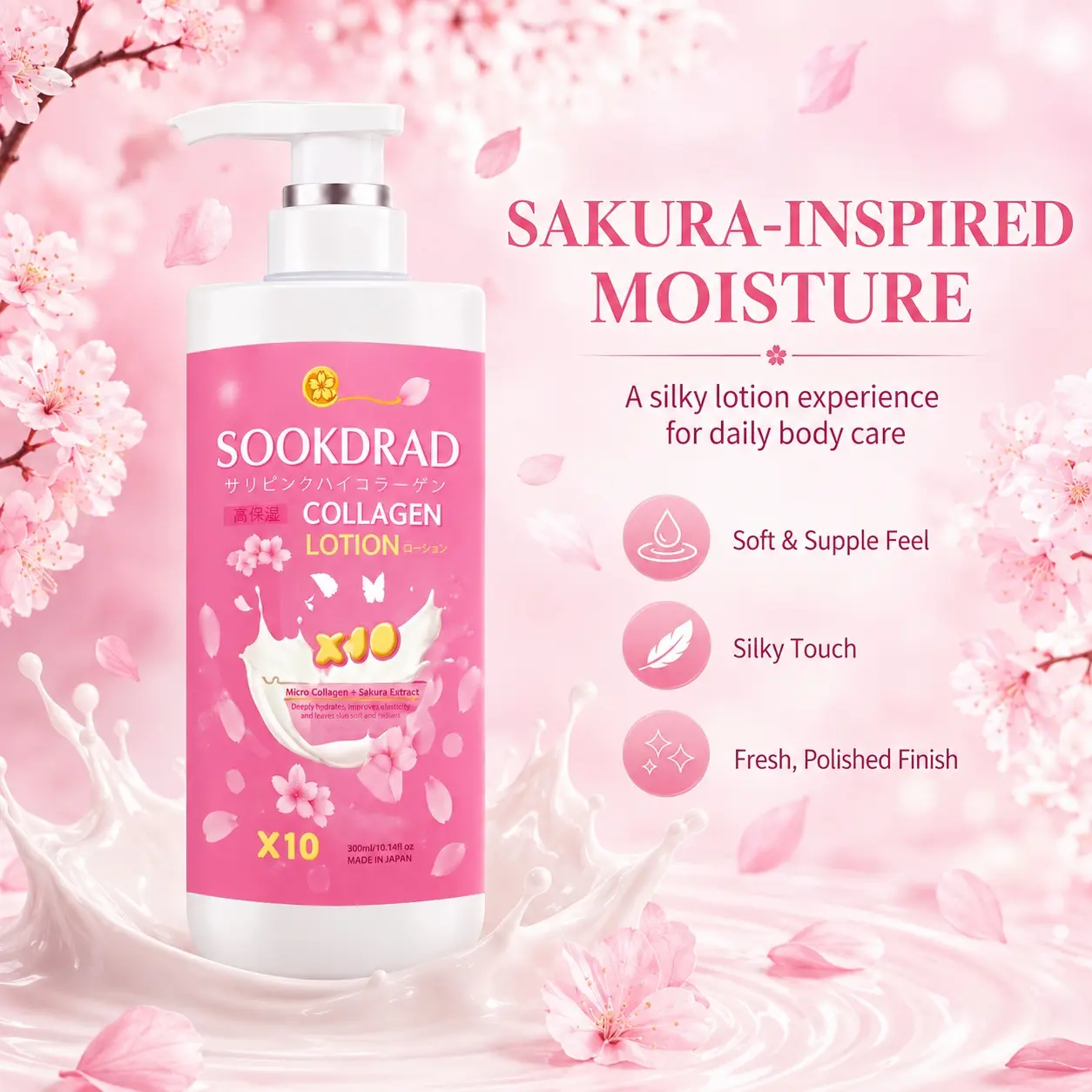 Collagen Lotion, Micro Collagen, Sakura Extract, deeply hydrating, improves elasticity, soft and radiant, Made in Japan, 300ml/10.14fl oz