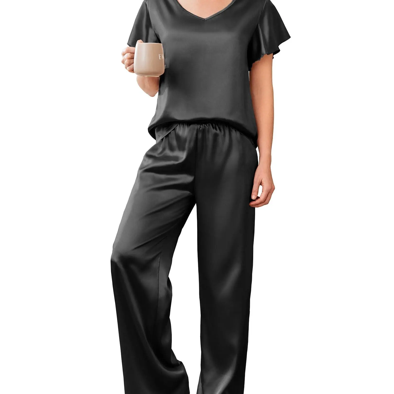 Women's Satin Silky Pajama Set 2 Piece Short Sleeve Shirt with Long Pants Pjs Sets Soft PJ Loungewear S-XXL