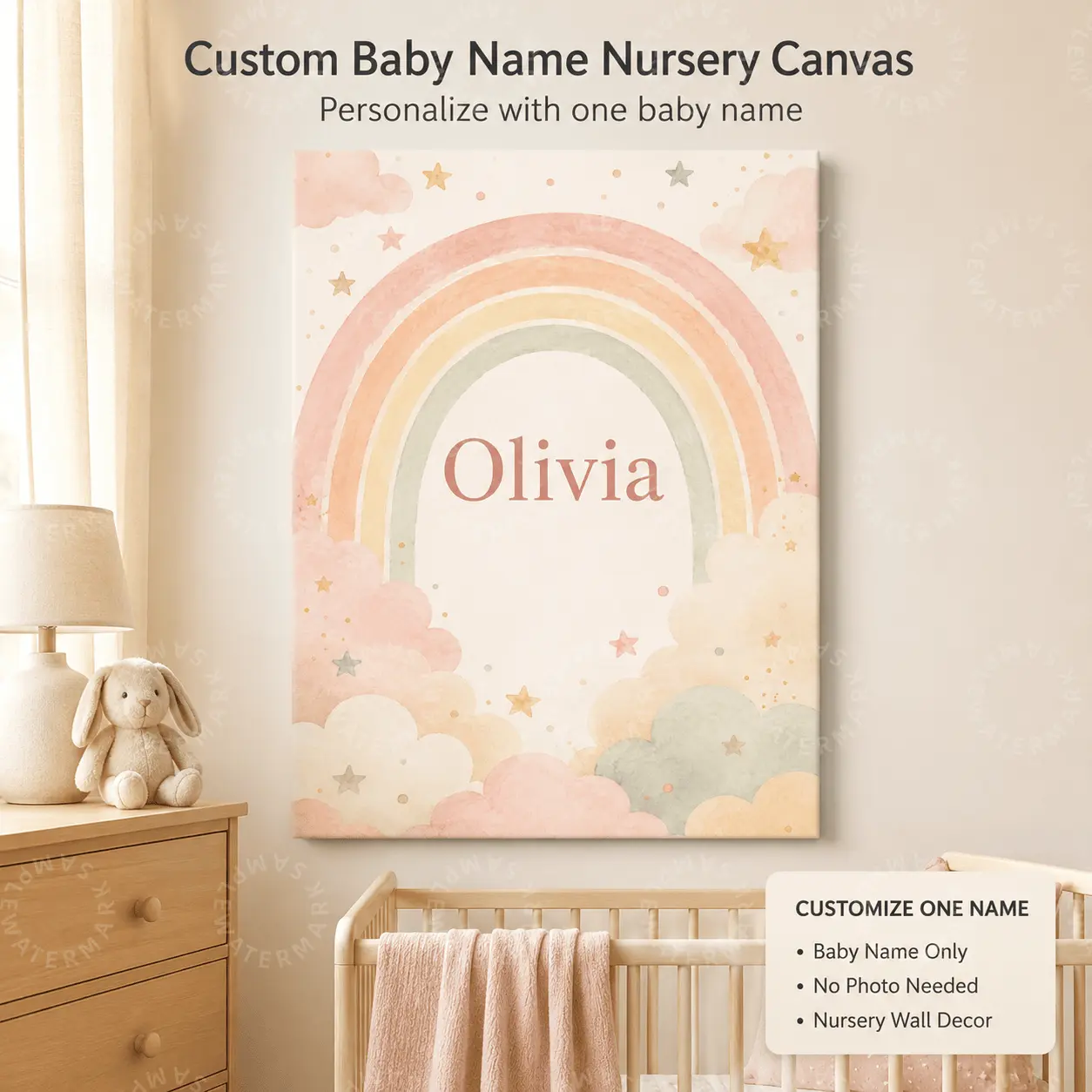 Custom Baby Name Nursery Canvas, Personalized Rainbow Name Wall Art, Pastel Cloud Star Baby Room Decor, Nursery Bedroom Wall Decor, Aesthetic Poster, Baby Shower Gift, Kids Room Decor