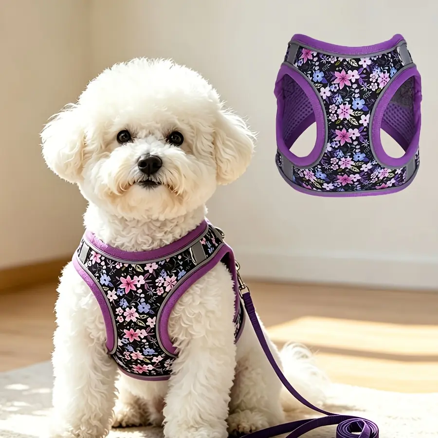 Flower Pattern Dog Harness And Leash Set,No Escape Puppy Harnesses Training Walking,Breathable Adjustable Puppy Vest Small Medium Dogs, Cats