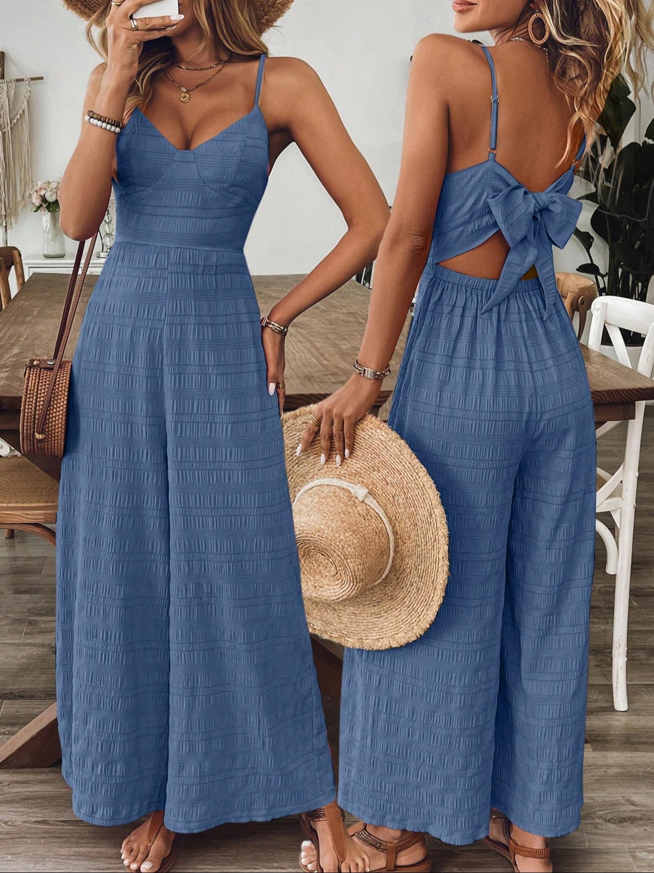 Women's Plain Bow Decor Jumpsuit, 1 Count Casual Sleeveless Cami Jumpsuit for Daily Wear, Ladies Clothes for All Seasons