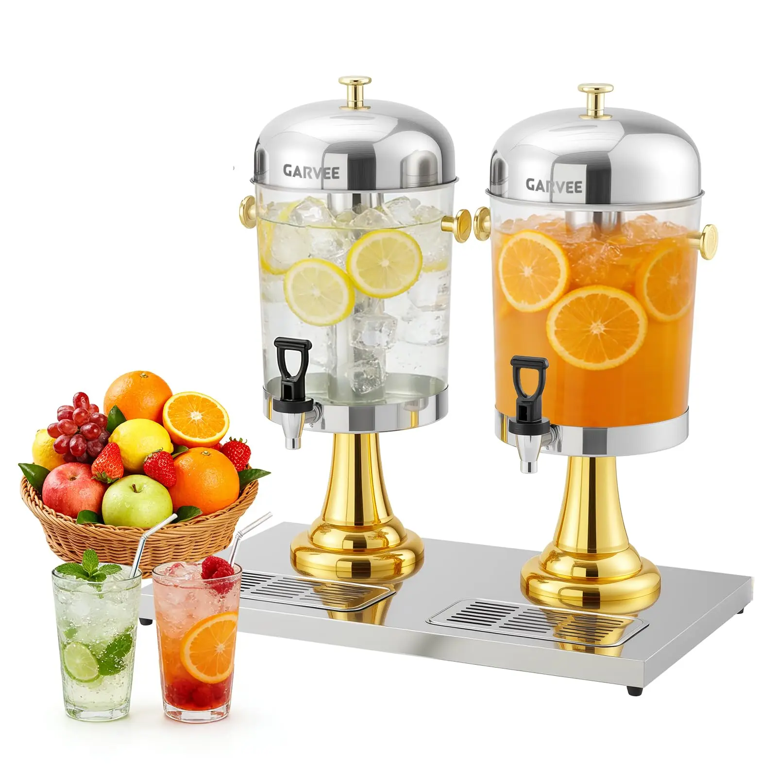 GARVEE 4.4 Gallon Commercial Stainless Steel Drink Dispenser with Ice Core, Stand & Spigot for Cold Beverages like Juice, Iced Tea, and Lemonade at Parties and Weddings, Gold