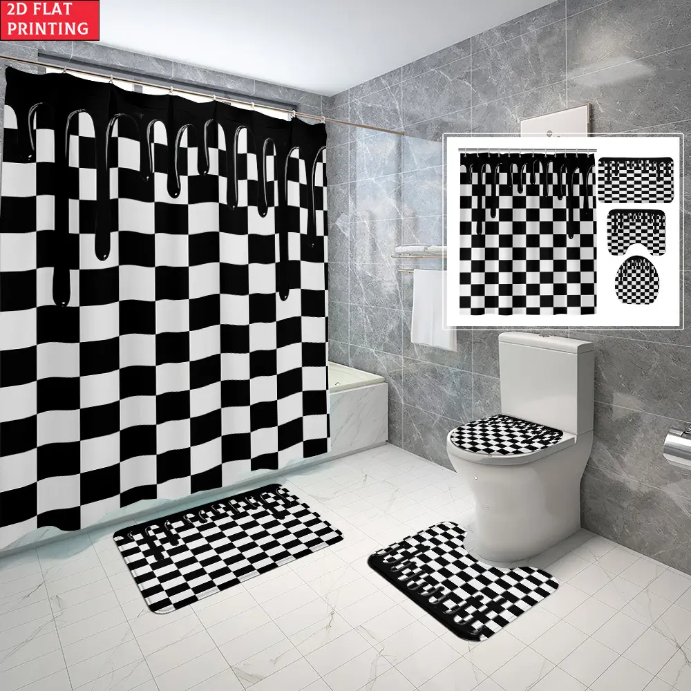 Black and white lattice design 4-piece set, including shower curtain with 12 hooks, non-slip bathtub, U-shaped bathtub cover and toilet cover cover