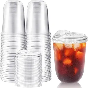 50 Pack Clear Plastic Cups with Strawless Sip Lids,16 oz Iced Coffee Cups with Lids,Disposable PET Crystal Cups,Round Bottom To Go Cup for Iced Coffee Juice Smoothie Cold Beverage
