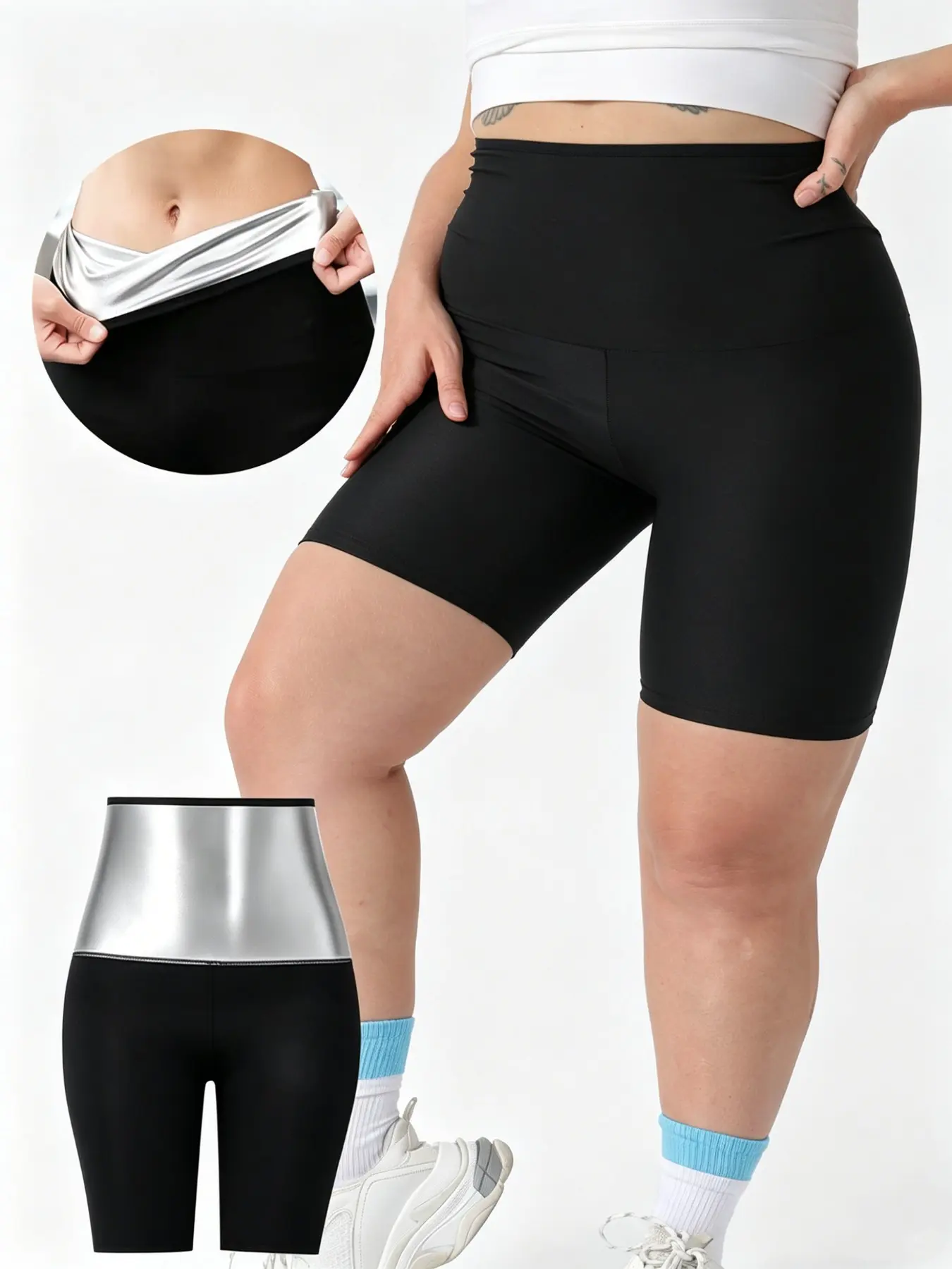New Arrival Trend Women's Plus Size High Waist Sauna Sweat Compression Stretch Shorts with Waist Silver Heat Retention Lining Tummy Control Butt Lifting Sweat Enhancing Stretchy Squat Proof Fitness Workout Activewear for Gym Yoga Running Daily Wear