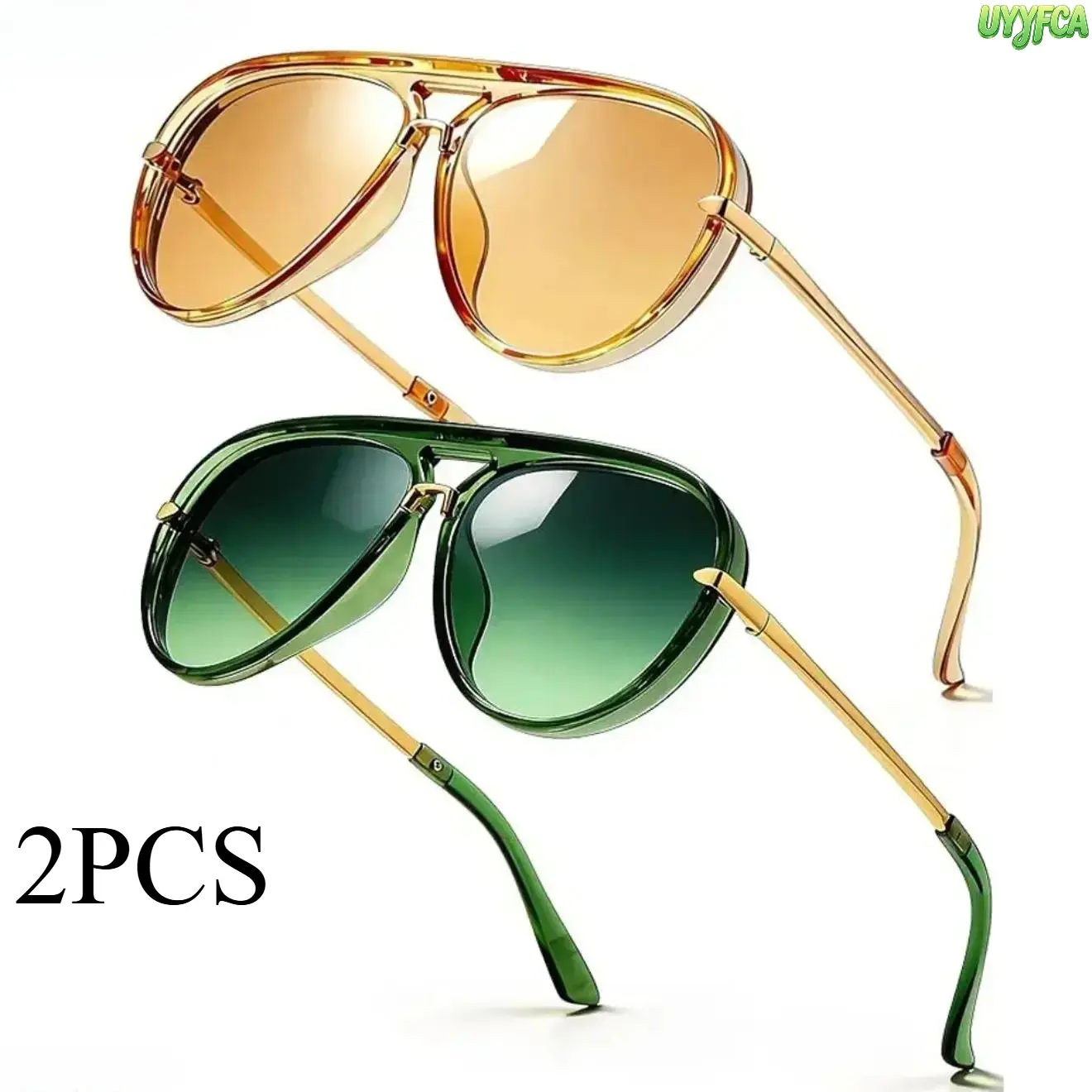 Women's 2-Pack Retro Aviator Sunglasses, Casual Oversized Gradient Metal Shades with Anti-Tangle Temple Arms, 2pcs Green/Clear Tea Frame-Green/Tea Lens for Summer Beachwear, Oversized Glasses