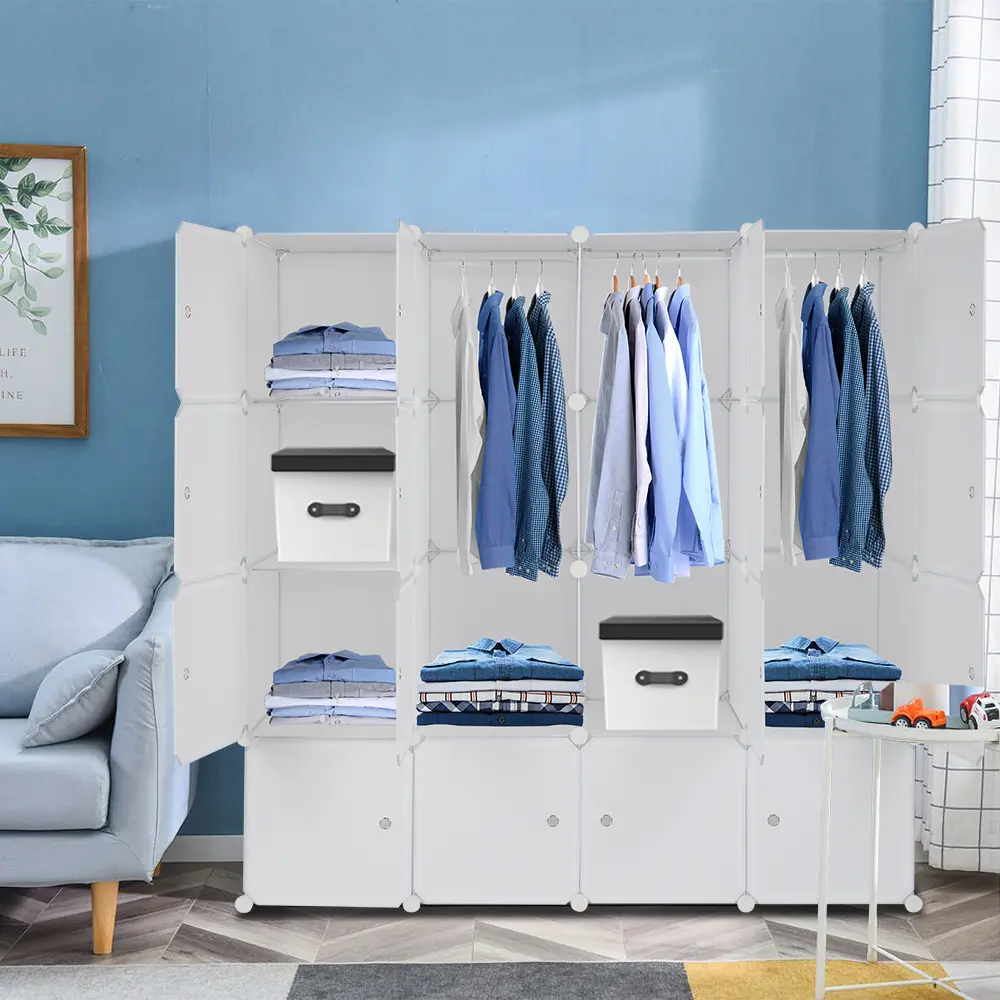 White Cube Shape Wardrobe Organizer - 4-Layer 16-Cube Stackable Storage Unit, Plastic+Steel Wire Construction, 3 Clothes Rails, Multiple Units Compatible, Free Assembly