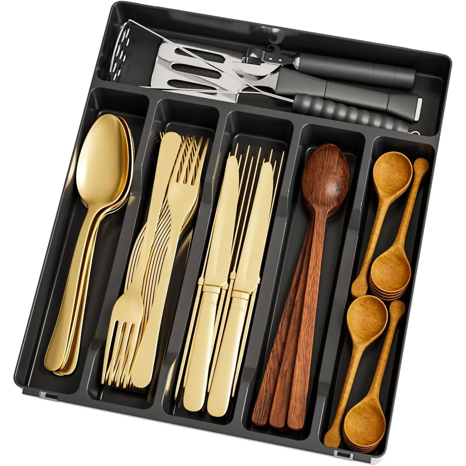 Silverware Organizer for Kitchen Drawers, Cutlery Drawer Organizer,6 Slots Plastic Utensils Organizer Suitable as In-Drawer Silverware Holder and Tray,Flatware,,Fork,Spoon Organizer,Black