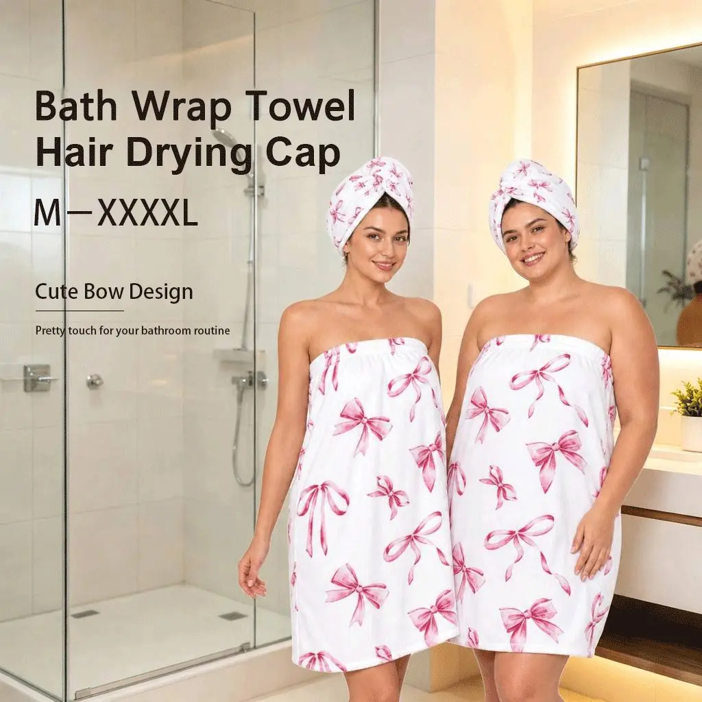 Bowknot Print Bath Wrap Towel & Hair Drying Cap Set, Plus Size M-XXXXL, 31.5 x 82.7 Inch, Soft Absorbent Soft Microfiber Women Bath Skirt Wrap, Bath Robe for Shower Spa Bathroom Travel Home Use