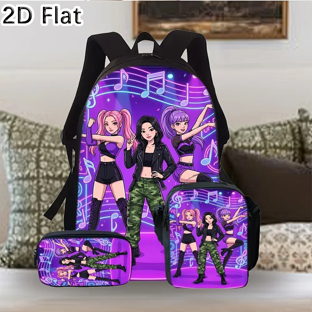 Kids' Polyester Casual Cartoon Print Music Dance Backpack - Padded Straps, Top Handle, Side Mesh Pockets for Daily Use by Students
