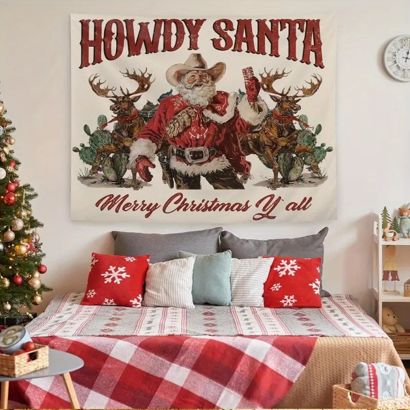 1pc Western Cowboy Santa Tapestry, for Home Bedroom Living Room Office Decor, Vintage Christmas Wall Art, with Free Installation Kit, Horizontal Polyester Peach Faux Fabric