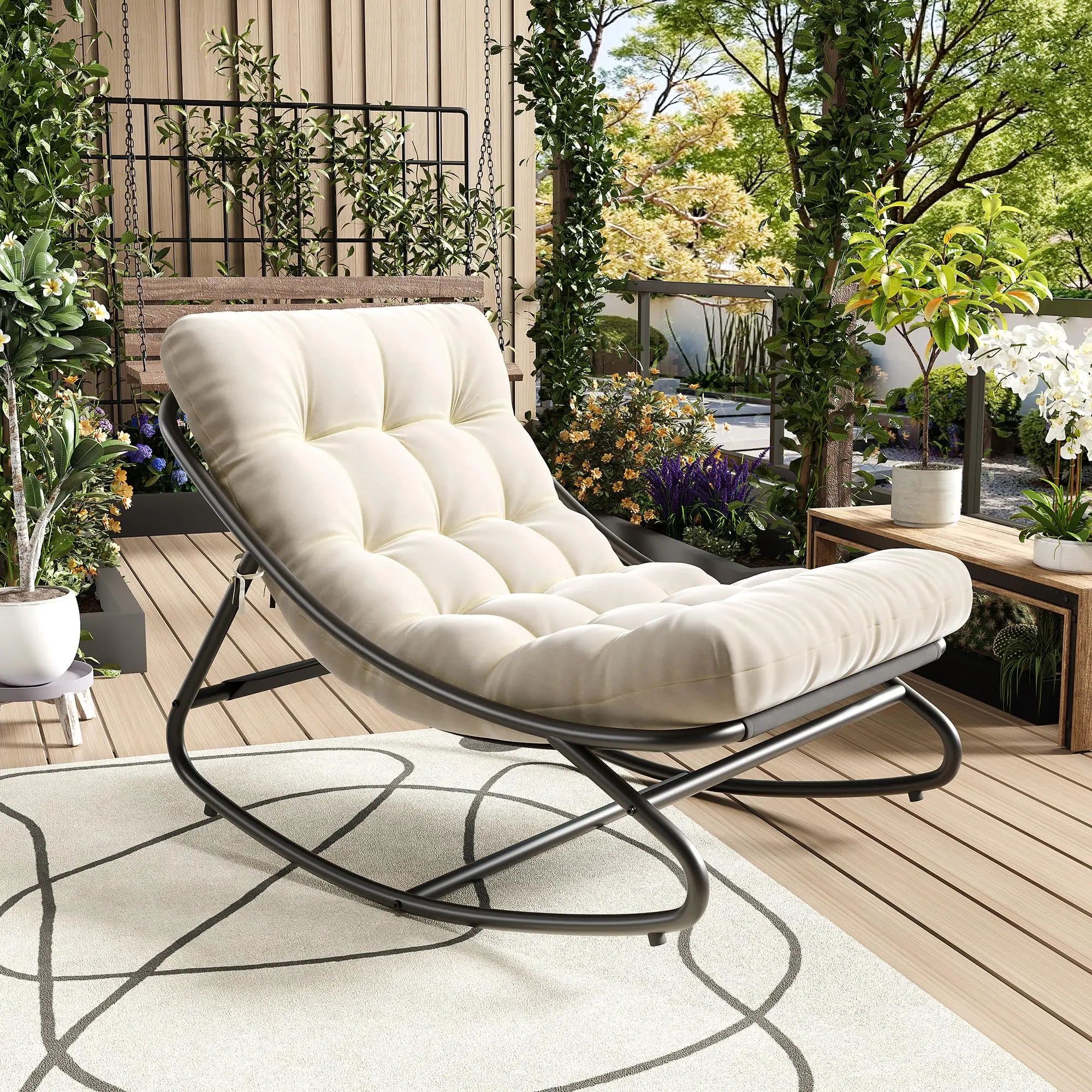 Rocking Chair Indoor with Metal Frame, Foldable Patio Rocker with Padded Oxford Cushion, 450 lbs Iron Frame Porch Lounge Chair for Adults, Indoor Outdoor Garden Backyard Balcony Living Room ﻿