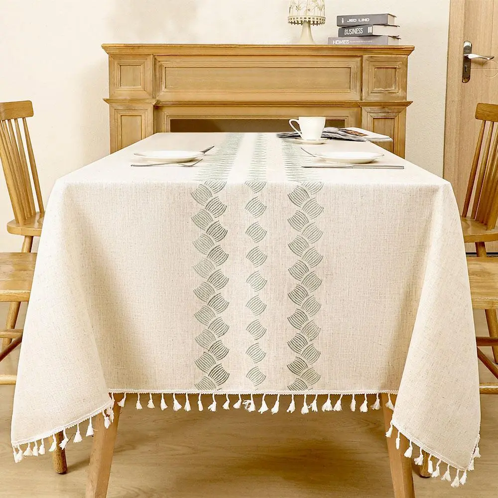 Farmhouse Cotton Linen Tassel Fringe Tablecloth, Rustic Chic Vintage Style, Wrinkle-Proof Durable Cover for Kitchen Dining Table, Outdoor Picnic - 55x86in, 55X86"