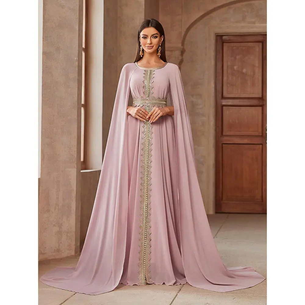 Luxury Embroidery Arabian Muslim Dresses Elegant Women's Color Block Lace Spliced Cape Sleeves Waist Gathered Long Dress