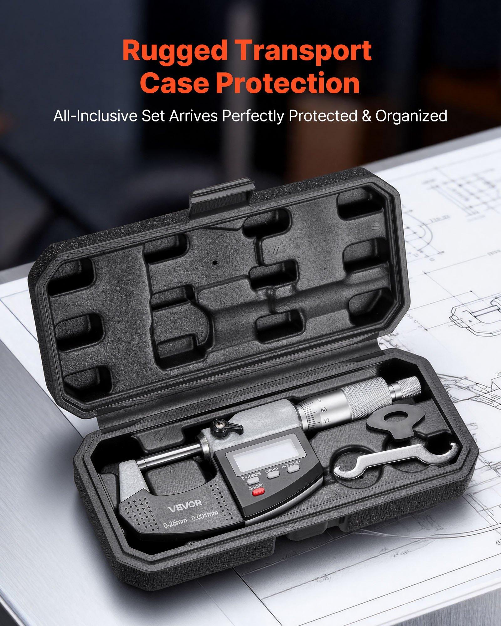 VEVOR Micrometer Set, Digital Outside Micrometer 0-1 inch Measuring Range, 0.00005" Resolution, Ultra-Precision 0.0001 Accuracy, LCD Screen, in/mm Switch, Carbide Tip, with Protective Case VEVOR Micrometer Set, Digital Outside Micrometer 0-1 inch Measuring Range, 0.00005" Resolution, Ultra-Precision 0.0001 Accuracy, LCD Screen, in/mm Switch, Carbide Tip, with Protective Case