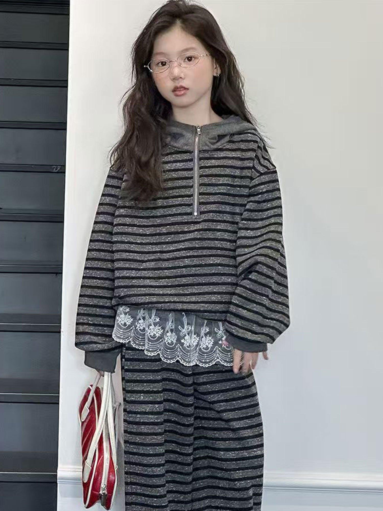 2025 Spring & Autumn New Girls' Striped 2pcs Set (Girls Clothes 10 to 12) - Hooded Half-Zip Sweatshirt with Lace Panels & Casual Wide-Leg Pants, for Outdoor