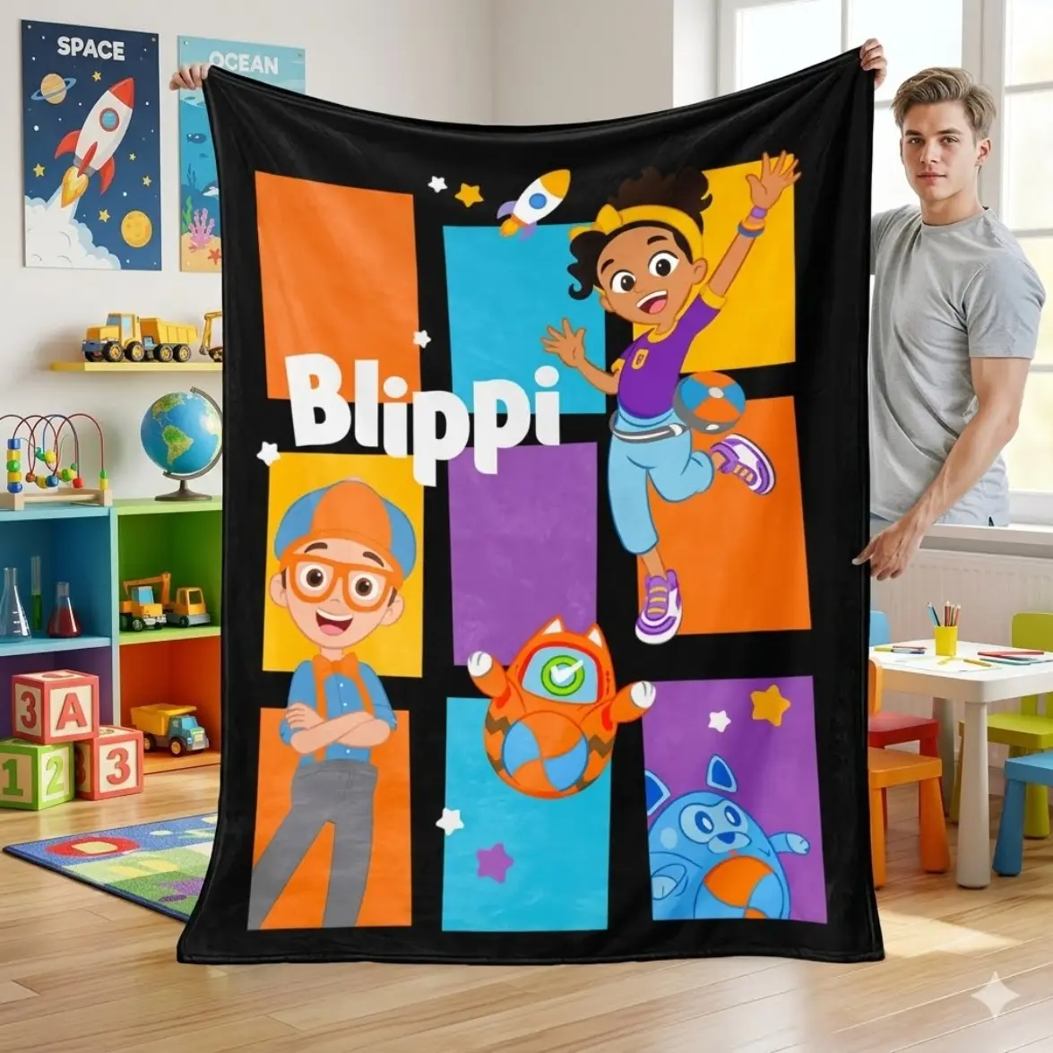 Blippi Teacher Cartoon Plush Kid Blanket, Soft Comfortable Long Rectangle Polyester Throw, Cute Design Bed Blanket for Various Scenarios, Multifunctional Blanket, Soft Cozy Blanket, Cartoon Pattern Blanket